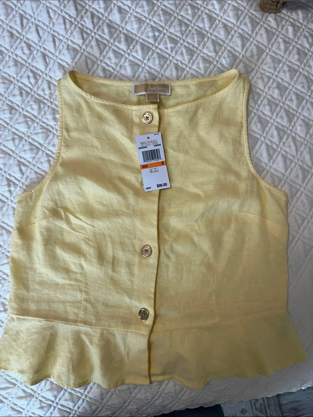 Michael Kors Collection Light Yellow Button-Front Peplum Tank
